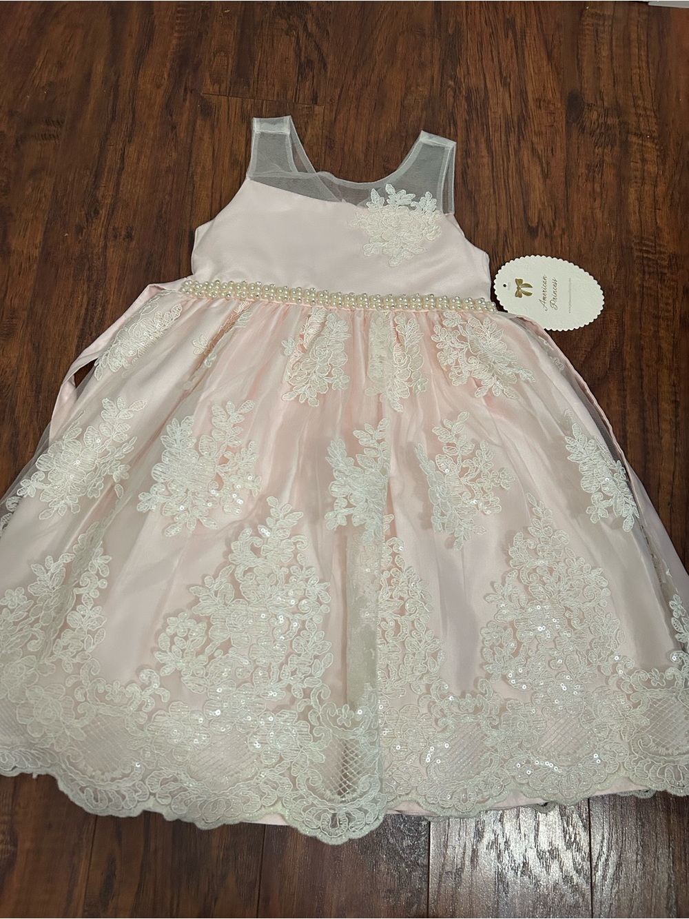 American Princess Blush Pink Lace Flower Girl Dress with Pearl Waist